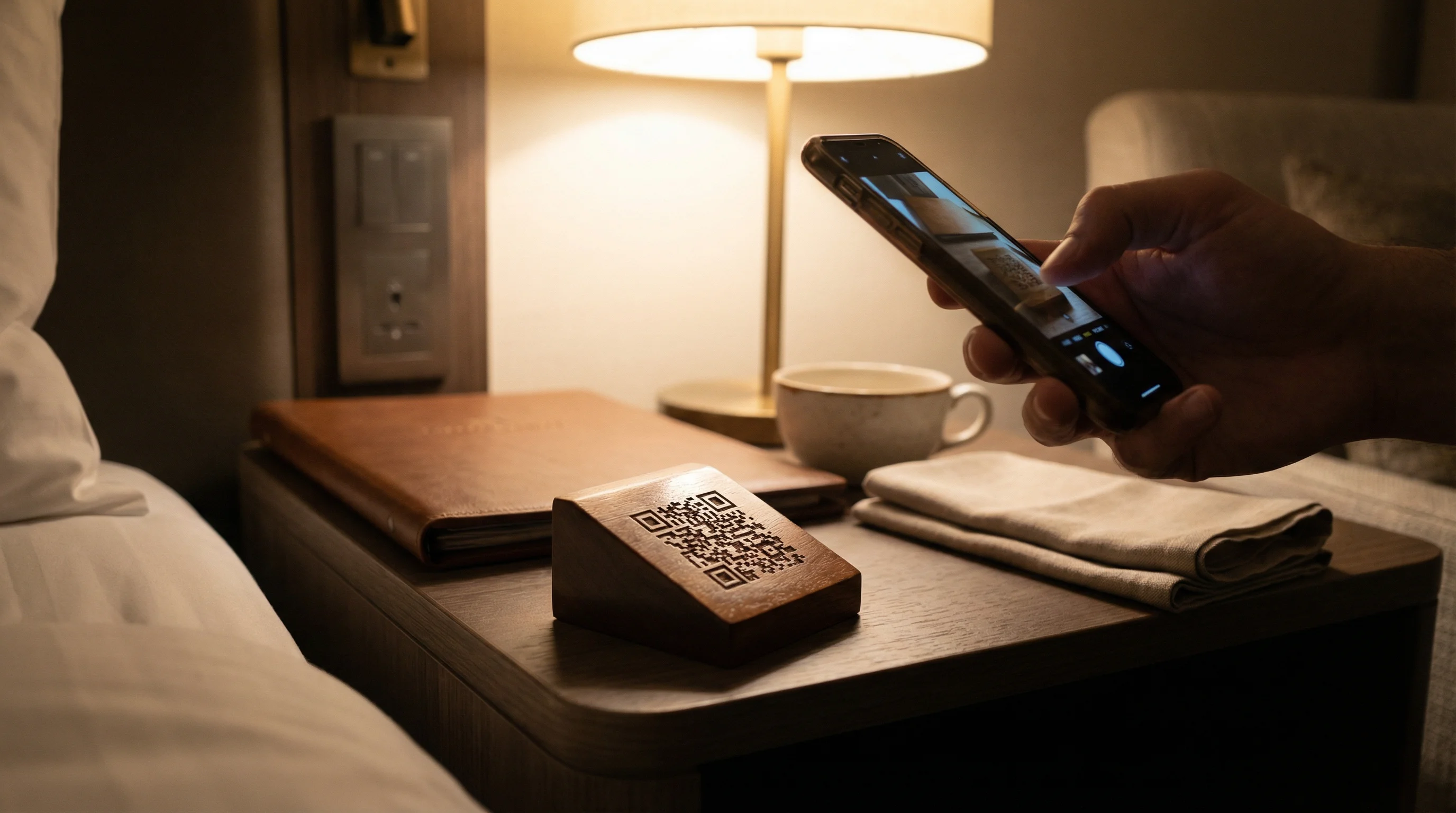 Client scannant un QR code dans sa chambre d'hôtel