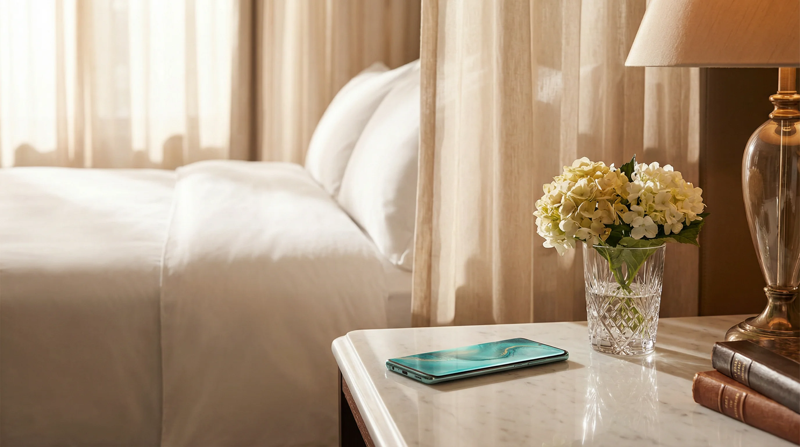 Smartphone affichant un room directory digital posé sur une table de chevet dans une chambre d'hôtel élégante